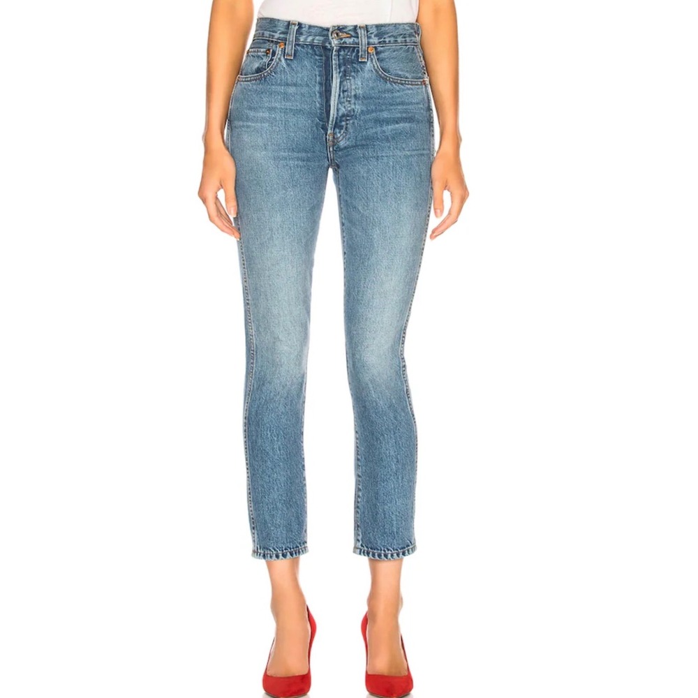 RE/DONE Double Needle Crop Jean High Rise Blue Button Fly Made in USA Size 27